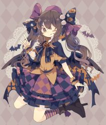 Rule 34 | 1girl, argyle, argyle background, argyle clothes, bird wings, black footwear, black wings, blush, boots, brown eyes, brown hair, checkered clothes, closed mouth, feathered wings, full body, hair between eyes, halloween, halloween costume, hat, highres, himekaidou hatate, kneehighs, long hair, nikorashi-ka, one eye closed, pom pom (clothes), puffy short sleeves, puffy sleeves, purple hat, short sleeves, skirt, smile, socks, solo, striped clothes, striped socks, tongue, tongue out, touhou, twintails, wings, wrist cuffs