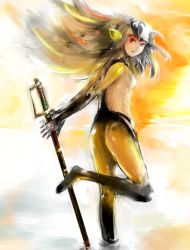 Rule 34 | 1girl, ao no roku-gou, ass, ao no roku-gou, breasts, feet, female focus, grey hair, long hair, monster girl, mutio, nude, partially submerged, pointy ears, red eyes, small breasts, solo, standing, sword, water, weapon