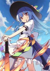 Rule 34 | 1girl, blue hair, blue skirt, closed mouth, cloud, day, feet out of frame, flaming sword, flaming weapon, from below, hat, highres, hinanawi tenshi, hiyaya (kochi michikaze), long hair, looking at viewer, outdoors, peach hat ornament, petticoat, puffy short sleeves, puffy sleeves, red eyes, shirt, short sleeves, skirt, smile, smug, solo, sword of hisou, touhou, v-shaped eyebrows, white shirt