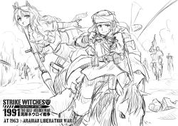 Rule 34 | 1boy, 1girl, animal ears, arabian clothes, bad id, bad pixiv id, battle, bolt action, dakku (ogitsune), goggles, greyscale, gun, high-explosive anti-tank (warhead), horse, lee-enfield, looking at viewer, man-portable anti-tank systems, military, monochrome, rifle, rocket-propelled grenade, rocket (projectile), rocket launcher, rpg, rpg-7, rpg (weapon), scar, soldier, strike witches, strike witches 1991, striker unit, tail, uniform, weapon, world witches series