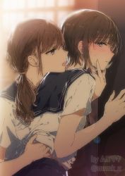 Rule 34 | 2girls, artist name, blush, brown hair, closed mouth, commentary request, ear blush, hand under clothes, highres, light brown hair, medium hair, mole, mole on cheek, mole under eye, multiple girls, muromaki, original, parted lips, ponytail, short hair, teeth, tongue, tongue out, twitter username, upper teeth only, yuri