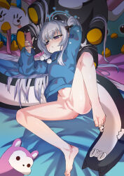 Rule 34 | 1girl, ass, barefoot, blue archive, blue halo, blue hoodie, blush, bottomless, cellphone, censored, cleft of venus, grey hair, halo, heart, heart-shaped pupils, highres, holding, holding phone, hood, hoodie, long hair, long sleeves, miyako (blue archive), miyako (young) (blue archive), mosaic censoring, official alternate costume, one side up, peroro (blue archive), phone, pom pom (clothes), purple eyes, pussy, smartphone, solo, stuffed animal, stuffed cat, stuffed toy, symbol-shaped pupils, toes, yuacalo
