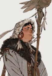 Rule 34 | 1boy, akaashi keiji, bird, black hair, blue eyes, chengongzi123, closed mouth, coat, commentary, earrings, english commentary, feather earrings, feathers, fur-trimmed coat, fur-trimmed hood, fur trim, grey background, grey coat, haikyuu!!, highres, holding, holding staff, hood, hood up, hooded coat, jewelry, long sleeves, looking to the side, male focus, owl, short hair, simple background, staff, upper body