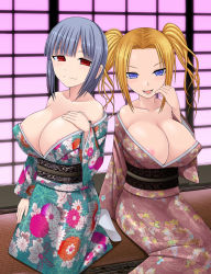 Rule 34 | 2girls, aebafuti, bare shoulders, blonde hair, blue eyes, breasts, cleavage, covered erect nipples, japanese clothes, kimono, large breasts, multiple girls, nipples, open mouth, original, red eyes, short hair, shouji, silver hair, sliding doors, tatami, twintails