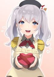 Rule 34 | 1girl, :d, akagi kurage, apron, beret, black hat, blue eyes, blush, box, brown apron, brown background, collared shirt, dress shirt, epaulettes, fingernails, gift, gift box, gradient background, grey hair, grey shirt, hair between eyes, hat, heart, heart-shaped box, highres, holding, holding gift, jacket, kantai collection, kashima (kancolle), long hair, long sleeves, looking at viewer, neckerchief, open mouth, outline, red neckerchief, round teeth, shirt, smile, solo, teeth, twintails, upper teeth only, white jacket, white outline