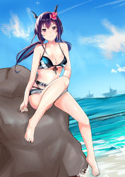 Rule 34 | 1girl, absurdres, arknights, bare arms, bare legs, bare shoulders, barefoot, belt, bikini, black bikini, blue sky, breasts, ch&#039;en (arknights), ch&#039;en the holungday (arknights), ch&#039;en the holungday (elite ii) (arknights), chinese commentary, cloud, commentary request, day, dragon horns, flower, front-tie bikini top, front-tie top, full body, hair flower, hair ornament, haoran (florence xiaofu), highres, horns, long hair, looking at viewer, low twintails, medium breasts, official alternate costume, official alternate hairstyle, outdoors, partial commentary, pink flower, purple eyes, purple hair, rock, sitting, sky, solo, stomach, swimsuit, thighs, twintails, water