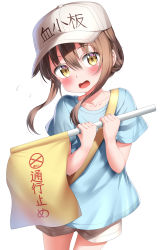 Rule 34 | 10s, 1girl, absurdres, blue shirt, blush, brown eyes, brown hair, brown shorts, child, collarbone, commentary, cosplay, flag, flat cap, folded ponytail, hair between eyes, hat, hataraku saibou, highres, holding, holding flag, inazuma (kancolle), kantai collection, nedia (nedia region), open mouth, platelet (hataraku saibou), platelet (hataraku saibou) (cosplay), shirt, short hair, short sleeves, shorts, simple background, solo, translated, white background, white hat
