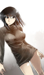 Rule 34 | 00s, 1girl, black hair, breasts, cleavage, cosaten, highres, school rumble, shirt, simple background, solo, standing, suou mikoto (school rumble), sweater, taut clothes, taut shirt