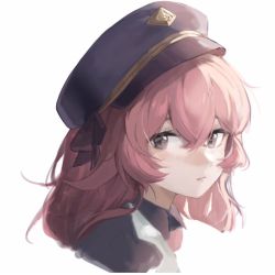 Rule 34 | 1girl, blue archive, bow, closed mouth, hair strand, hat, iroha (blue archive), looking to the side, military hat, pink hair, polyvora, portrait, simple background, solo, white background