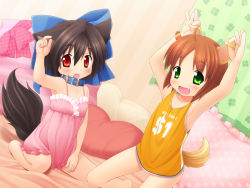 Rule 34 | 2girls, ahoge, animal ears, arm up, armpits, arms up, ball, barefoot, basketball, basketball (object), basketball uniform, bed, black hair, blush, borrowed character, bottomless, bow, brown hair, chemise, child, clothes writing, clover, collar, curtains, dog ears, dog tail, fang, feet, flat chest, four-leaf clover, frills, green eyes, hair bow, heart, heart-shaped pillow, inuarashi, jersey, kannagi cocoa, kneeling, lingerie, meiko (inuarashi), multiple girls, negligee, open mouth, original, pillow, polka dot, red eyes, ribbon, short hair, sitting, sportswear, tail, underwear, watch, wristwatch