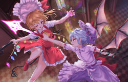 Rule 34 | 2girls, arm up, ascot, bat wings, blonde hair, blue hair, blush, bow, checkered floor, commentary request, crystal, dress, duel, fang, feet out of frame, fingernails, flandre scarlet, from above, hair between eyes, hat, hat bow, highres, holding, holding polearm, holding spear, holding weapon, indoors, knee up, laevatein, laevatein (tail), long hair, looking at another, miniskirt, mob cap, multiple girls, nail polish, one eye closed, one side up, open mouth, outstretched arms, panties, pantyshot, petticoat, pink dress, pink headwear, pointy ears, polearm, profile, red bow, red eyes, red footwear, red nails, red skirt, red vest, remilia scarlet, roke (taikodon), scarlet devil mansion, sharp fingernails, shirt, shoes, short sleeves, siblings, sidelocks, sisters, skin fang, skirt, skirt set, socks, spear, spear the gungnir, striped clothes, striped panties, tail, touhou, underwear, v-shaped eyebrows, vest, weapon, white headwear, white legwear, white shirt, wings, yellow ascot