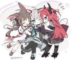Rule 34 | 3girls, :d, ahoge, animal ears, april (arknights), arknights, black dress, black jacket, black ribbon, black thighhighs, blush, borrowed hairstyle, brown hair, cat ears, cat tail, chibi, closed mouth, commentary, dress, grey hair, headphones, highres, horns, jacket, looking at viewer, mint (arknights), multiple girls, naguru (cyoroama), one eye closed, one side up, open mouth, rabbit ears, red hair, ribbon, shoes, smile, sneakers, socks, surtr (arknights), tail, thighhighs, white dress, white footwear, white socks
