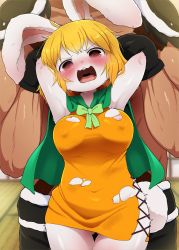 Rule 34 | 1boy, 1girl, @ @, animal ears, armpits, arms behind head, black gloves, blonde hair, body fur, breasts, carrot (one piece), commentary request, covered erect nipples, covered navel, dagashi (daga2626), furry, furry female, furry with non-furry, gloves, gluteal fold, highres, interspecies, large breasts, one piece, open mouth, rabbit ears, rabbit girl, rabbit tail, red eyes, restrained, short hair, solo focus, tail, tears, teeth, thighs, torn clothes, upper teeth only