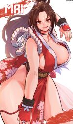 Rule 34 | 1girl, aosora2823, artist name, breasts, brown eyes, brown hair, character name, fatal fury, floral print, hand fan, high ponytail, highres, holding, holding fan, large breasts, looking at viewer, ninja, open mouth, pelvic curtain, ponytail, revealing clothes, shiranui mai, simple background, solo, the king of fighters, thighs, white background