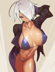 Rule 34 | 1girl, ahoge, angel (kof), arm behind back, bikini, blue bikini, breasts, chaps, collarbone, covered erect nipples, cowboy shot, fingerless gloves, gloves, hair over one eye, huge breasts, jacket, looking at viewer, navel, open clothes, open jacket, red eyes, short hair, silver hair, smile, snk, solo, standing, swimsuit, the king of fighters, tomoyuki kotani