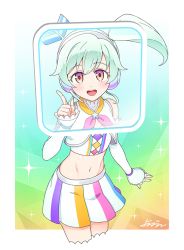 Rule 34 | 1girl, :d, aikatsu! (series), aikatsu friends!, bare shoulders, blush, card, cropped legs, detached sleeves, grey hair, headphones, idol, coco (aikatsu friends!), midriff, multicolored eyes, navel, neckerchief, open mouth, pleated skirt, rainbow background, shiny skin, side ponytail, signature, skirt, sleeves past wrists, smile, solo, sparkle, speaker, two-tone background, yoban