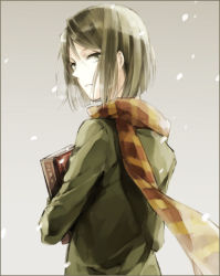 Rule 34 | 1boy, book, fate/zero, fate (series), green eyes, green hair, himishiro, male focus, matching hair/eyes, necktie, parted bangs, scarf, short hair, snowing, solo, waver velvet