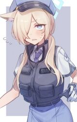 Rule 34 | 1girl, absurdres, alternate hairstyle, animal ear fluff, animal ears, asymmetrical bangs, black vest, blonde hair, blue archive, blue eyes, blue halo, blue necktie, blush, breasts, bulletproof vest, dog ears, extra ears, flying sweatdrops, gloves, hair over one eye, halo, hat, highres, kanna (blue archive), long bangs, long hair, low twintails, medium breasts, necktie, outstretched arms, police, police hat, police uniform, policewoman, sharp teeth, short sleeves, solo, spread arms, sweatdrop, teeth, tosankaku, twintails, uniform, vest