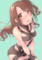 Rule 34 | 10s, 1girl, blue background, blush, bondage outfit, breasts, brown eyes, brown hair, commentary request, embarrassed, highres, hot limit, idolmaster, idolmaster cinderella girls, long hair, looking at viewer, one side up, open mouth, shiki hinako, shimamura uzuki, simple background, solo, t.m.revolution, wavy mouth