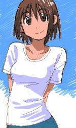 Rule 34 | 1girl, arms behind back, artist request, ayase fuuka, brown eyes, brown hair, eyebrows, looking at viewer, lowres, shirt, short hair, smile, solo, t-shirt, thick eyebrows, white shirt, yotsubato!