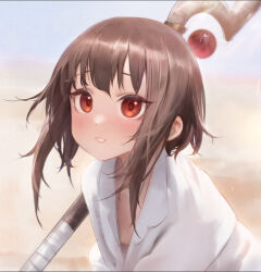 Rule 34 | 1girl, absurdres, bingwei huang, blush, brown hair, commentary, desert, grin, highres, kono subarashii sekai ni shukufuku wo!, long hair, looking at viewer, megumin, outdoors, red eyes, smile, solo, staff, symbol-only commentary, upper body