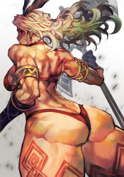 Rule 34 | 1girl, amazon (dragon&#039;s crown), amazon warrior, armlet, ass, axe, back, bare shoulders, bikini, black gloves, blonde hair, breasts, butt crack, dragon&#039;s crown, elbow gloves, gloves, hungry clicker, large breasts, long hair, looking at viewer, looking back, muscular, muscular female, red bikini, solo, swimsuit, tattoo, thick thighs, thighs
