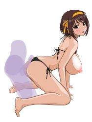 Rule 34 | 1boy, 1girl, all fours, animated, animated png, arm support, ass, barefoot, bikini, bikini top lift, black bikini, blush, breasts, brown hair, buttjob, clothes lift, doggystyle, flying tree frog, full body, hairband, hetero, highres, kneeling, large breasts, leaning forward, looking at viewer, looking to the side, nipples, penis, rubbing, sex, sex from behind, short hair, side-tie bikini bottom, suzumiya haruhi, suzumiya haruhi no yuuutsu, swimsuit, transparent background, uncensored, yellow hairband