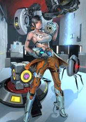 Rule 34 | 1girl, aperture science handheld portal device, atlas (portal), black hair, breasts, chell, glados, jumpsuit, large breasts, long fall boots, midriff, orange jumpsuit, p-body, personality core, ponytail, portal, portal (series), portal 1, portal 2, smile, space core, sugiura yoshio, tank top, sentry turret (portal), aperture science weighted companion cube, wheatley