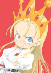 Rule 34 | 1girl, :t, belt, blonde hair, blue eyes, blush, brooch, capcom, crossed arms, crown, cyberbots, devilot de deathsatan ix, dress, female focus, gold, jewelry, long hair, looking at viewer, oksm2019, pout, puffy sleeves, red background, simple background, solo, white dress