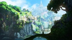 Rule 34 | 2others, ambiguous gender, building, castle, cliff, commentary request, fantasy, light rays, multiple others, original, outdoors, reason (mark-of-the-unicorn), river, roots, scenery, silhouette, standing, sunbeam, sunlight, tree, village