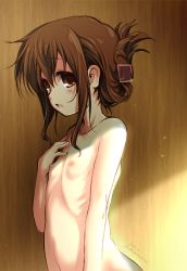 Rule 34 | 10s, 1girl, akazawa red, bad id, bad pixiv id, blush, breasts, brown hair, flat chest, folded ponytail, inazuma (kancolle), kantai collection, nipples, nude, open mouth, short hair, sketch, skinny, small breasts, solo