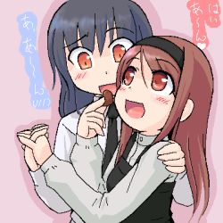 Rule 34 | 2girls, blush, brown hair, candy, chocolate, chocolate heart, food, hairband, hand on another&#039;s shoulder, heart, holding hands, long hair, lowres, multiple girls, oekaki, open mouth, simple background
