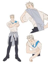 Rule 34 | black footwear, black pants, blue necktie, bokuto koutarou, brown eyes, chengongzi123, chinese commentary, closed mouth, clothes around waist, collared shirt, cropped legs, crossed arms, full body, grey hair, grey jacket, grin, haikyuu!!, highres, jacket, jacket around waist, looking at viewer, looking back, necktie, over shoulder, pants, school uniform, shirt, shoes, short hair, simple background, sleeves pushed up, smile, standing, striped necktie, thick eyebrows, tongue, tongue out, very short hair, white background, white shirt