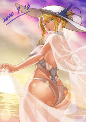 Rule 34 | 1girl, absurdres, artoria pendragon (all), artoria pendragon (fate), artoria pendragon (swimsuit ruler) (fate), artoria pendragon (swimsuit ruler) (second ascension) (fate), ass, back, bare shoulders, blonde hair, braid, breasts, dated, fate/grand order, fate (series), french braid, gradient sky, green eyes, hair between eyes, hat, highleg, highleg swimsuit, highres, large breasts, long hair, looking back, ocean, one-piece swimsuit, open mouth, orange sky, shiki (love-saber), sidelocks, sky, sun hat, sunset, swimsuit, thighs, white headwear, white one-piece swimsuit