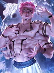 Rule 34 | 1boy, abdominal markings, abs, arm markings, artist name, biceps, bone, chest markings, claws, extra arms, extra eyes, facial mark, highres, jujutsu kaisen, looking at viewer, male focus, muscular, muscular male, navel, nipples, obliques, pants, pectorals, pink hair, red eyes, ryoumen sukuna (jujutsu kaisen), skull, terrenceart, topless male, white pants