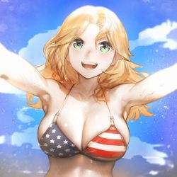Rule 34 | 10s, 1girl, :d, american flag bikini, american flag print, aos, armpits, asymmetrical bangs, bare arms, bare shoulders, bikini, blonde hair, blue eyes, blue sky, breasts, cleavage, day, flag print, foreshortening, girls und panzer, grin, hair between eyes, halterneck, kay (girls und panzer), large breasts, long hair, looking at viewer, open mouth, outdoors, outstretched arms, print bikini, sky, smile, solo, star (symbol), star perint, star print, striped, swimsuit, teeth, upper body, water, water drop, wet