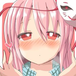 Rule 34 | 1girl, blush, close-up, fox mask, hair between eyes, hata no kokoro, highres, incoming kiss, kuromu (underporno), mask, pink eyes, pink hair, pouty lips, simple background, solo, touhou