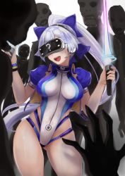 Rule 34 | 1girl, :d, ?, blue bow, blue jacket, blush, bow, breasts, competition swimsuit, cropped jacket, dual wielding, energy sword, fate/grand order, fate (series), hair bow, head-mounted display, headgear, headphones, headset, highleg, highleg swimsuit, highres, holding, holding sword, holding weapon, jacket, medium breasts, microphone, moral-steel, multicolored clothes, multicolored swimsuit, one-piece swimsuit, open clothes, open jacket, open mouth, ponytail, short sleeves, silver hair, smile, striped wristband, swimsuit, sword, tinted eyewear, tomoe gozen (fate), tomoe gozen (swimsuit saber) (fate), tomoe gozen (swimsuit saber) (first ascension) (fate), two-tone swimsuit, visor, vr visor, weapon, zombie