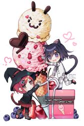 Rule 34 | 1boy, 1girl, animal ear fluff, animal ears, arm belt, artist name, bad id, bad twitter id, belt, belt buckle, black hat, black jacket, black pantyhose, black scarf, black sleeves, blazer, blueberry, boots, brown eyes, brown footwear, buckle, buttons, cat ears, cat tail, checkered clothes, checkered scarf, cherry, chibi, colored tips, commentary request, cross-laced jacket, dalrye v3, danganronpa (series), danganronpa v3: killing harmony, english text, food, fruit, full body, gem hair ornament, hair between eyes, hand on railing, hat, hat belt, heart, heart of string, holding, holding spoon, hugging object, ice cream, ice cream cone, jacket, kemonomimi mode, korean commentary, light blush, long sleeves, looking at another, looking at viewer, miniskirt, multicolored hair, multiple belts, oma kokichi, open belt, open mouth, oversized food, oversized object, pants, pantyhose, parted lips, paw shoes, pleated skirt, pointy footwear, purple eyes, purple footwear, purple hair, red belt, red hair, red skirt, scarf, short hair, simple background, skirt, smile, spoon, standing, standing on box, strawberry, strawberry slice, sweatdrop, tail, thigh belt, thigh strap, two-tone scarf, v-shaped eyebrows, white background, white belt, white jacket, white pants, white scarf, white sleeves, witch hat, yumeno himiko
