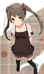 Rule 34 | 10s, 1girl, 3:, alternate hairstyle, arms behind back, black thighhighs, brown dress, camisole, dress, grey hair, hair ornament, love live!, love live! school idol project, minami kotori, ogipote, plaid, plaid background, shirt, short sleeves, skirt, smile, solo, t-shirt, thighhighs, twintails, yellow eyes, zettai ryouiki
