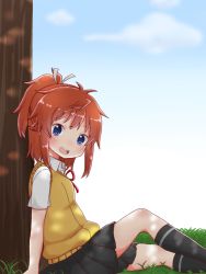 Rule 34 | 1girl, :d, against tree, arm support, black skirt, black socks, blue eyes, blue sky, blush, brown hair, cloud, collared shirt, commentary request, day, from side, grass, hair ribbon, head tilt, high ponytail, kneehighs, koshigaya natsumi, looking at viewer, looking to the side, neck ribbon, non non biyori, on grass, open mouth, outdoors, pleated skirt, red ribbon, ribbon, school uniform, shika (s1ka), shirt, short sleeves, sidelocks, sitting, skirt, sky, smile, socks, solo, sweater vest, teeth, tree, upper teeth only, white ribbon, white shirt