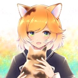 Rule 34 | 1girl, 3 (sanyako1), :d, animal, animal ear fluff, animal ears, arknights, black jacket, blush, brown cat, cat, cat ears, cat girl, commentary request, eyes visible through hair, fang, green eyes, highres, holding, holding animal, holding cat, jacket, lapels, light particles, long sleeves, looking at animal, looking down, mousse (arknights), open mouth, orange hair, short hair, smile, solo, split mouth, upper body