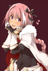 Rule 34 | 1boy, astolfo (fate), black bow, blush, bow, braid, cape, covered navel, fang, fate/grand order, fate (series), fur trim, gauntlets, hair bow, hands on own cheeks, hands on own face, heart, male focus, open mouth, pink hair, purple eyes, simple background, single braid, skin tight, tokiwa mmm, trap