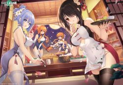 Rule 34 | 4girls, :o, ass, black hair, black legwear, blonde hair, blue eyes, breasts, china dress, chinese clothes, cleavage, clothing cutout, covered navel, date a live, date a live: spirit pledge, dress, elbow gloves, food, gloves, holding, holding brush, holding plate, indoors, izayoi miku, large breasts, long hair, looking at viewer, multiple girls, night, official art, open mouth, panties, plate, purple dress, purple eyes, purple hair, red eyes, side-tie panties, skirt hold, sleeveless, sleeveless dress, smile, thighhighs, tokisaki kurumi, underboob cutout, underwear, white dress, white gloves, white legwear, yamai kaguya, yamai yuzuru
