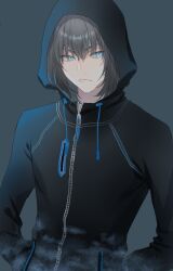 Rule 34 | 1boy, black background, black hair, black hood, blue eyes, fate/grand order, fate (series), gradient background, hair between eyes, hand in pocket, highres, hj0wisteria, hood, long sleeves, male focus, oberon (fate), oberon (third ascension) (fate), official alternate costume, short hair, sidelocks, simple background, solo, standing, upper body, zipper