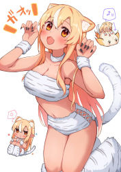 Rule 34 | 1girl, anger vein, animal ear fluff, animal ears, animal print, black nails, blonde hair, blush, breasts, brown eyes, chibi, claw pose, cleavage, commentary, crop top, dark-skinned female, dark skin, elfriend (shiranui flare), gao, hair between eyes, highres, hololive, kneehighs, long hair, looking at viewer, medium breasts, micro shorts, multiple views, musical note, nail polish, open mouth, paw shoes, print choker, print legwear, print shorts, print socks, sasaki (glass1138), shiranui flare, shorts, simple background, socks, spoken anger vein, spoken musical note, tail, tiger print, tiger tail, very long hair, virtual youtuber, white background, wrist cuffs