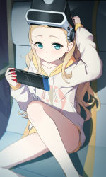 Rule 34 | 1girl, arm up, blonde hair, blue eyes, chair, closed mouth, collarbone, commentary request, drawstring, forehead, head-mounted display, highres, holding, hood, hood down, hoodie, indoors, knee up, kurumi (lycoris recoil), long hair, long sleeves, looking at viewer, lycoris recoil, nintendo switch, office chair, ohihil, on chair, puffy long sleeves, puffy sleeves, sitting, sleeves past wrists, smile, solo, swivel chair, very long hair, white hoodie