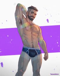 Rule 34 | 1boy, absurdres, armpit hair, arms behind head, artist name, beard, black male underwear, briefs, chest hair, classic fly briefs, closed mouth, creatures (company), facial hair, game freak, highres, male focus, male underwear, navel, nintendo, nipples, pectorals, pokemon, pokemon sv, short hair, smile, solo, thedamnthinguy, toned, toned male, turo (pokemon), undercut, underwear
