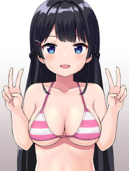 Rule 34 | 1girl, :d, bare arms, bare shoulders, bikini, black hair, blue eyes, blush, braid, breasts, collarbone, commentary request, commission, double v, gradient background, grey background, hair ornament, hairclip, hands up, long hair, looking at viewer, md5 mismatch, medium breasts, nijisanji, open mouth, pixiv commission, resolution mismatch, smile, solo, source larger, striped bikini, striped clothes, swimsuit, tsukino mito, tsunaso (lack of sunlight), upper body, v, very long hair, virtual youtuber, white background