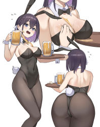 Rule 34 | 1girl, absurdres, animal ears, ass, bare shoulders, beer mug, bent over, black bow, black bowtie, black hair, blue eyes, bow, bowtie, braid, breast rest, breasts, brown pantyhose, bust cup, cleavage, colored inner hair, cropped torso, cup, detached collar, fake animal ears, fake tail, feet, fluf.p, flying sweatdrops, head out of frame, highres, holding, holding tray, large breasts, leotard, mug, multicolored hair, multiple views, open mouth, original, pantyhose, playboy bunny, purple hair, rabbit ears, rabbit tail, short hair, simple background, spill, standing, tail, traditional bowtie, tray, wet, white background, wrist cuffs